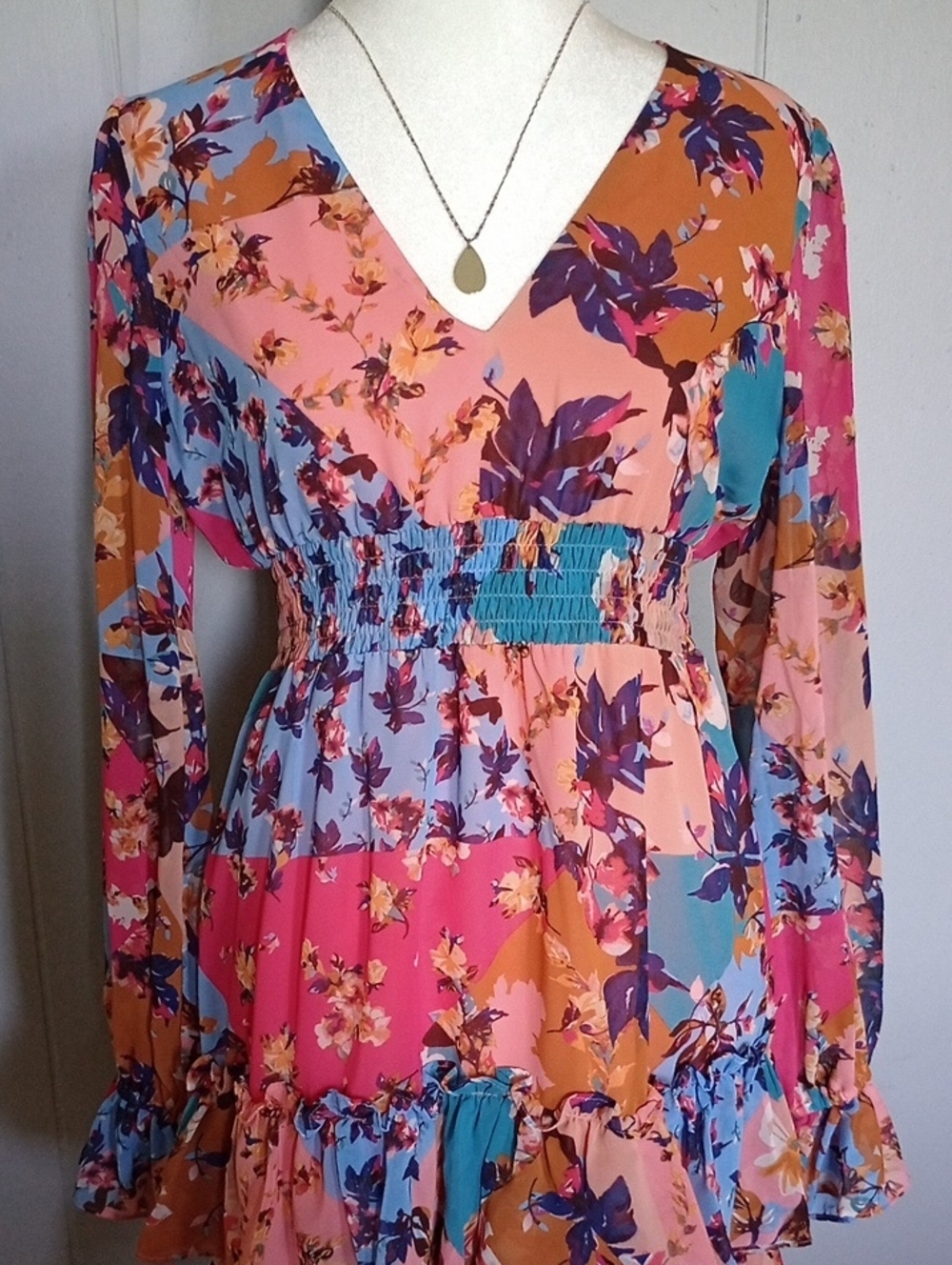 Floral Multicolor Patchwork Style Mini Dress with Ruffles Size XS - Picture 3 of 15